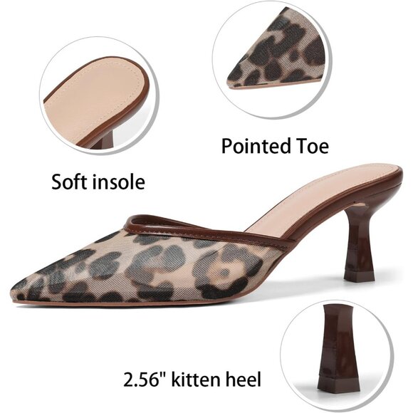 Women's Mesh Leopard Kitten Heels Closed Pointed Toe Stiletto Heels Black Mules - Picture 4 of 7